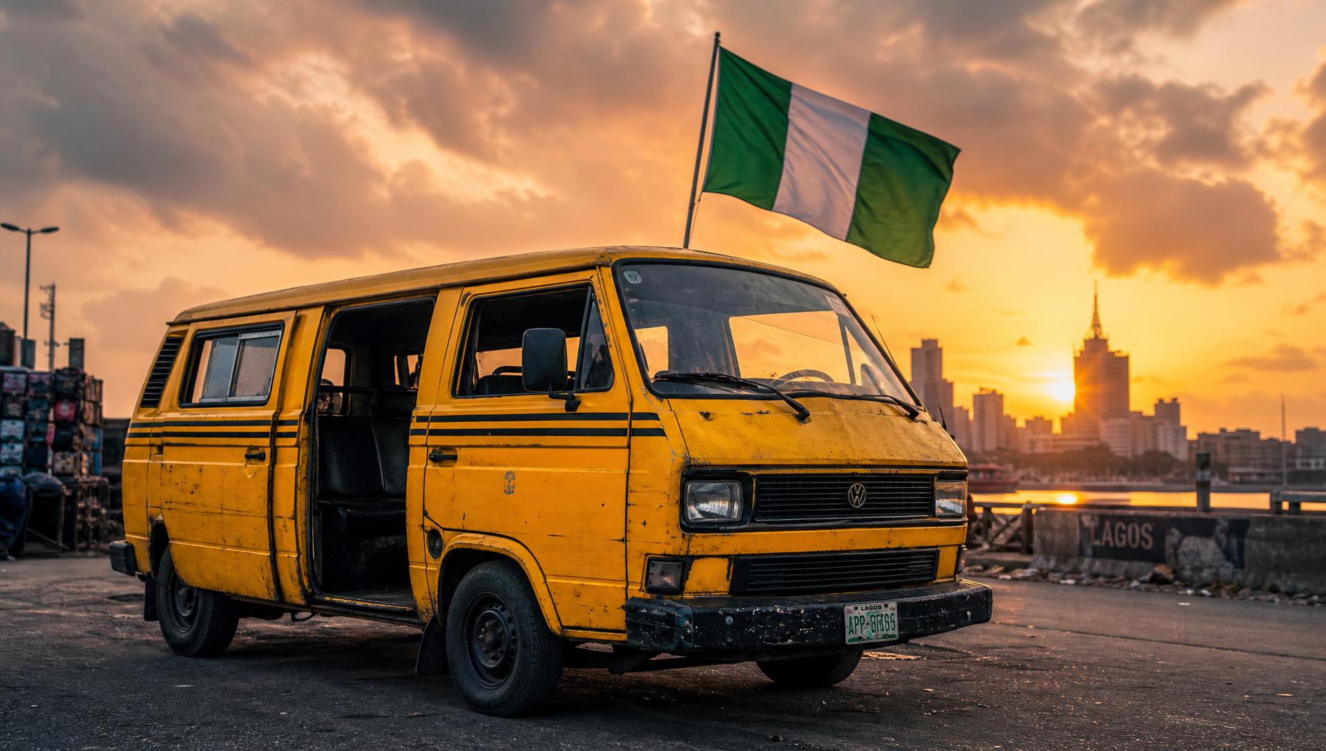Iconic yellow Lagos danfo taxi with the Nigerian flag at sunset