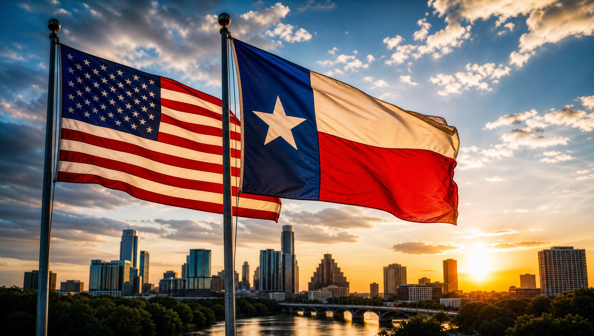 American and Texas Lone Star flags waving over the Austin skyline at sunset